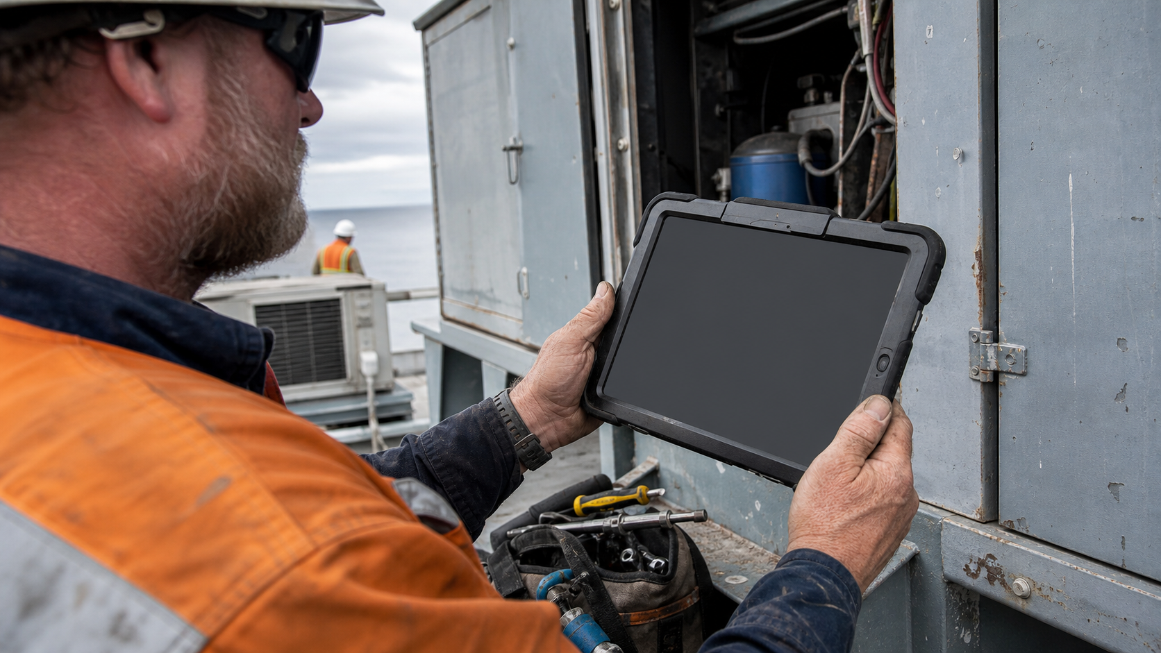 Commercial equipment technician using a rugged tablet