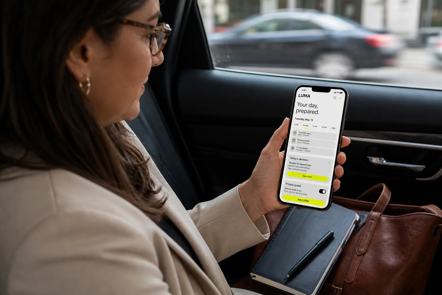 Founder using the LUMA personal agent mobile application